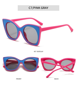 Detailed multi-angle views of pink and blue cat eye sunglasses with dark grey lenses