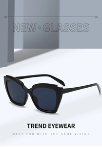 Detail of retro cat-eye sunglasses with thick black frame and dark blue UV lenses