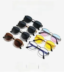 Group display of square metal retro sunglasses in seven assorted lens and frame colors