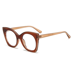Cat eye blue light blocking glasses in amber brown translucent frame and clear lenses