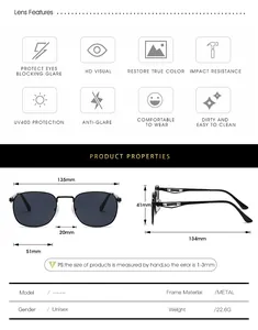 Detailed sizing chart and technical specifications for vintage metal frame sunglasses