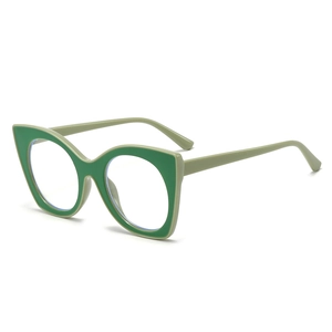 Cat eye blue light blocking glasses with two-tone green frame in a 45-degree side view
