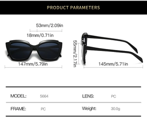 Detailed dimensions of retro cat eye sunglasses with frame width and lens height measurements