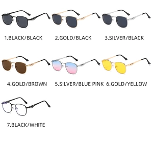 Grid display of vintage metal square sunglasses in seven assorted frame and lens colors