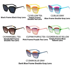 Collection of cat-eye sunglasses in multiple colors like black, yellow, blue, and tortoiseshell
