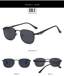 Multiple views of vintage black metal frame sunglasses with protective dark lenses