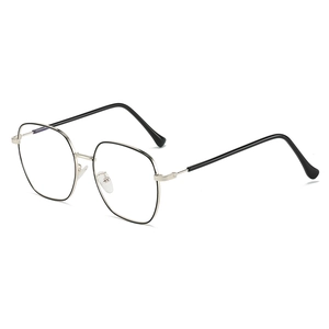 Silver square metal full frame anti-blue light glasses with black temple tips on white background