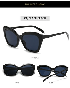 Three perspectives of retro cat eye sunglasses with black frames and dark grey lenses