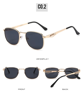 Detailed views of gold metal sunglasses with spring hinges and dark gray lenses
