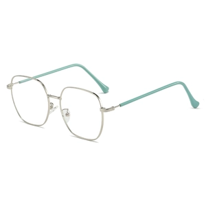 Vintage oversized square silver metal frame glasses with mint green anti-slip temple tips