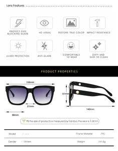 Detailed size specifications and features of oversized vintage square sunglasses
