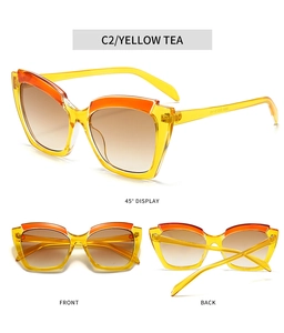Three perspectives of retro cat-eye sunglasses with yellow frames and orange color-blocking