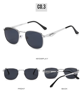 Detailed views of silver metal square sunglasses with hollow decorative spring temples
