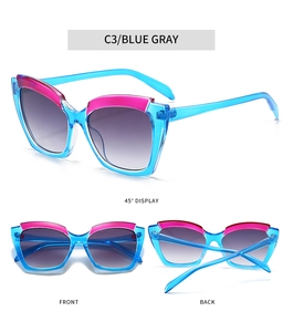 Three-way view of retro cat eye sunglasses with blue transparent frame and pink trim