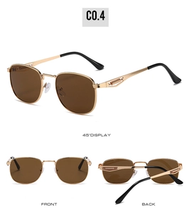 Three-view display of vintage gold metal sunglasses with spring hinges and brown lenses