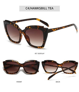 Three views of retro cat-eye sunglasses in tortoiseshell texture with gradient tea lenses