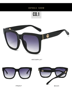 Three-angle views of square sunglasses showing black frames with purple gradient lenses