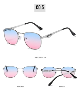 Three-angle views of silver metal sunglasses with blue-pink gradient lenses and spring hinges
