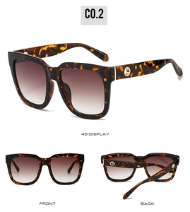 Detailed views of square tortoiseshell sunglasses with gold temple accents and gradient lenses