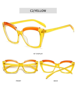 Vue détaillée des lunettes anti-lumière bleue œil de chat bicolores jaune et orange