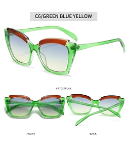 Detailed views of cat-eye sunglasses in transparent green and orange patchwork frame