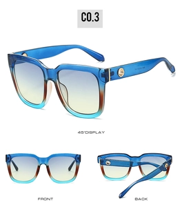 Three-view layout of gradient blue-brown square sunglasses with gold metal ring detail