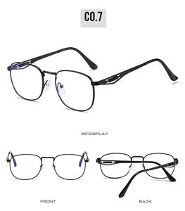 Three-view display of black metal sunglasses featuring spring hinges and retro thin frames