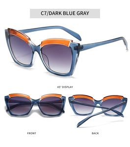 Three-view display of vintage cat-eye sunglasses with blue frames and orange accents