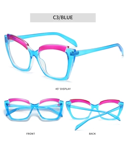 Vue sous trois angles de lunettes anti-lumière bleue œil de chat avec monture bleue et rose