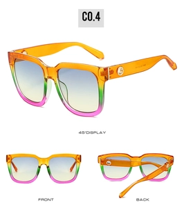 Detail view of colorful gradient square sunglasses with golden metal temple ornaments