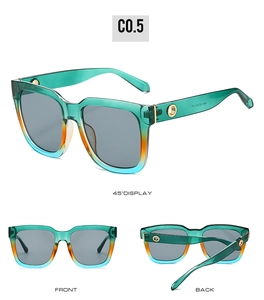 Detailed views of gradient green and orange square sunglasses with gold metal accents