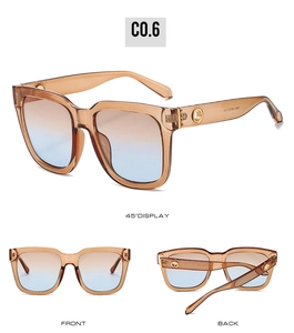 Three-angle view of vintage square tortoiseshell sunglasses with blue-brown gradient lenses