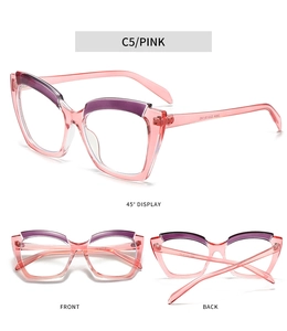 Trois vues de lunettes œil de chat roses avec accents violets et détails du cadre