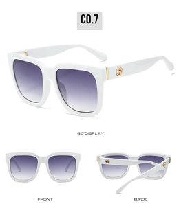 Three-view display of white square sunglasses with purple gradient lenses and metal ring detail