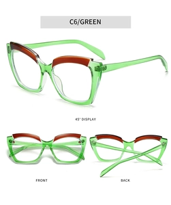 Vue sous trois angles de lunettes œil-de-chat anti-lumière bleue en vert transparent et brun