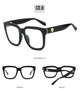 Three perspectives of retro square black sunglasses with gold metal hinge and side details