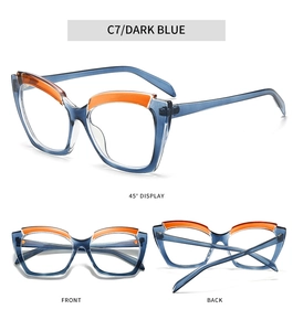 Trois vues de lunettes œil-de-chat bleu foncé avec touches orange, style C7
