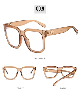 Detailed views of transparent amber square frames with metal rivet hinges and size specs