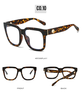 Detailed views of tortoiseshell square sunglasses with gold metal ring hinge accents