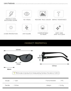 Detailed size chart for retro small frame sunglasses showing precise lens and frame dimensions