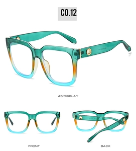 Three-view display of gradient square sunglasses with gold metal temple accents