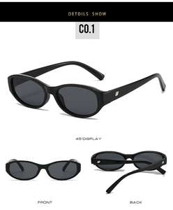 Three views of black oval cat-eye sunglasses with silver metal temple accents and dark lenses