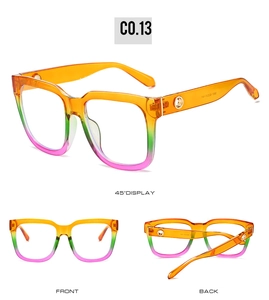 Three-way view of square gradient frames in orange, green, and pink colors