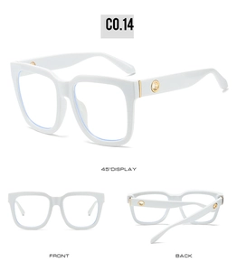 Three-angle views of white square frame sunglasses with golden metal hinge accents