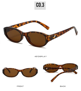Three-angle view of tortoise shell oval sunglasses with dark brown lenses and C0.3 model detail