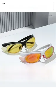 Detail of Y2K sports sunglasses with aerodynamic frames and colorful mirrored lenses
