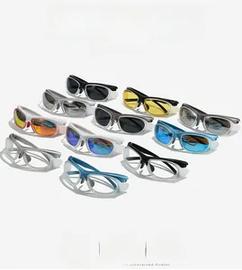 Macro view of multi-color Y2K sports sunglasses showing various frame and lens options