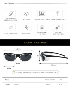 Detailed size chart and specifications for Y2K sporty outdoor wrap sunglasses