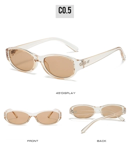 Detailed multi-angle views of vintage small frame sunglasses with amber lenses and yellow frames