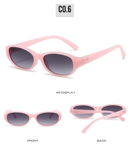 Pink oval frame sunglasses with grey gradient lenses shown from multiple angles